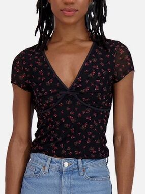 AEROSOLES Black V-Neck Cap Sleeve Top with Pink Floral Accents